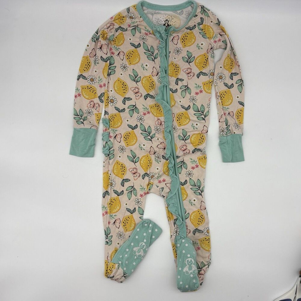 Monkeeroos Pajamas 2T Bamboo Viscose Footed Zip One-Piece Floral Lemon